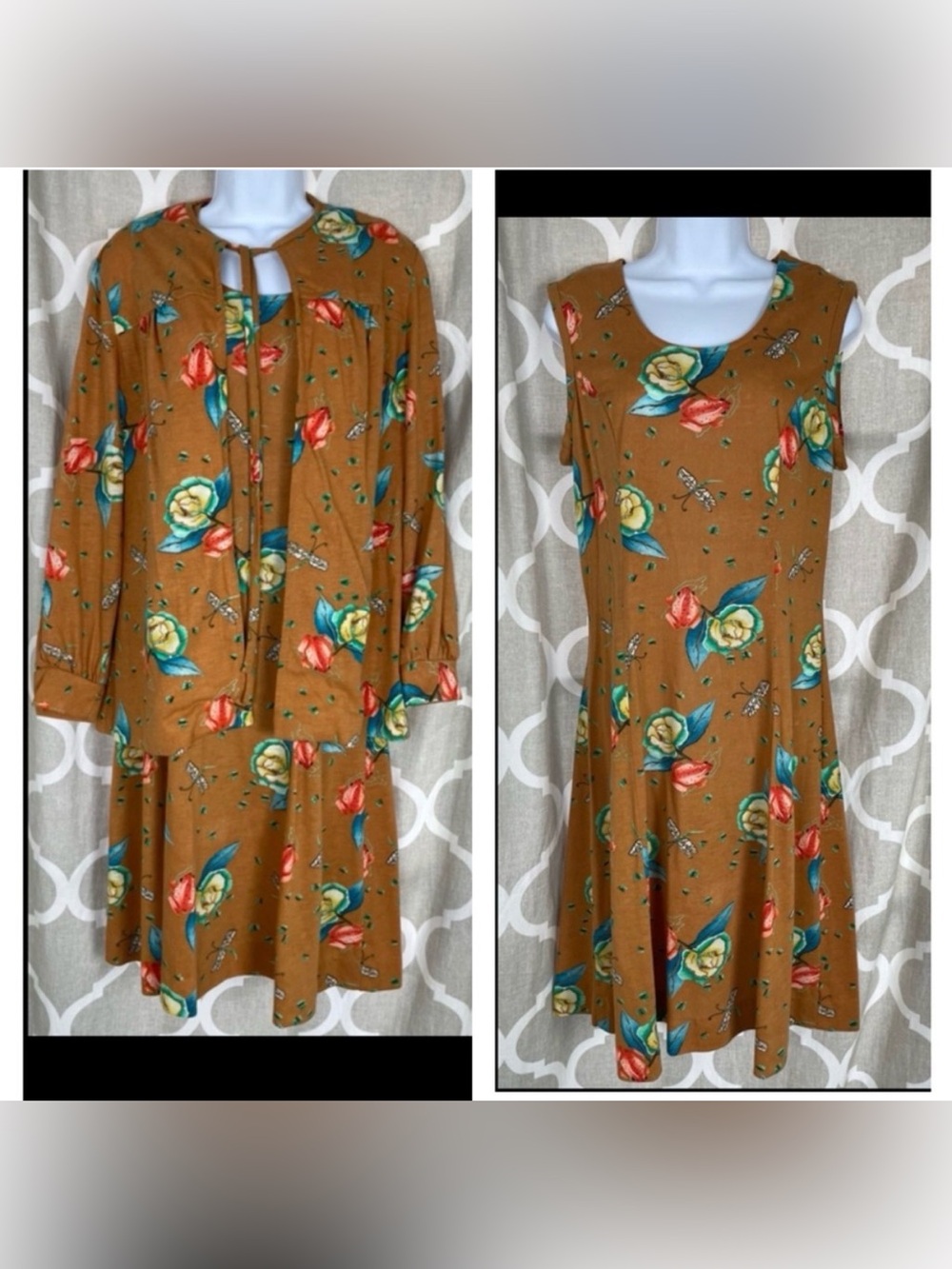 JOHNNYE 2pc Vintage 60s Dragonfly Floral Cardigan and Dress